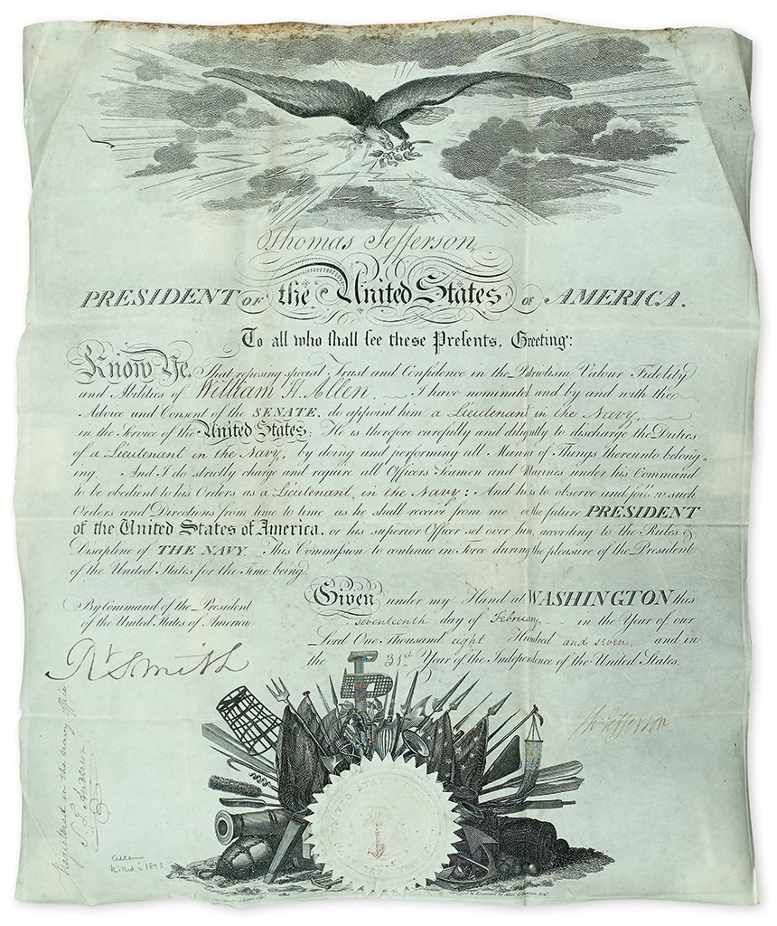 JEFFERSON, THOMAS. Partly-printed vellum Document Signed, Th:Jefferson, military commission appointing William Henry Allen